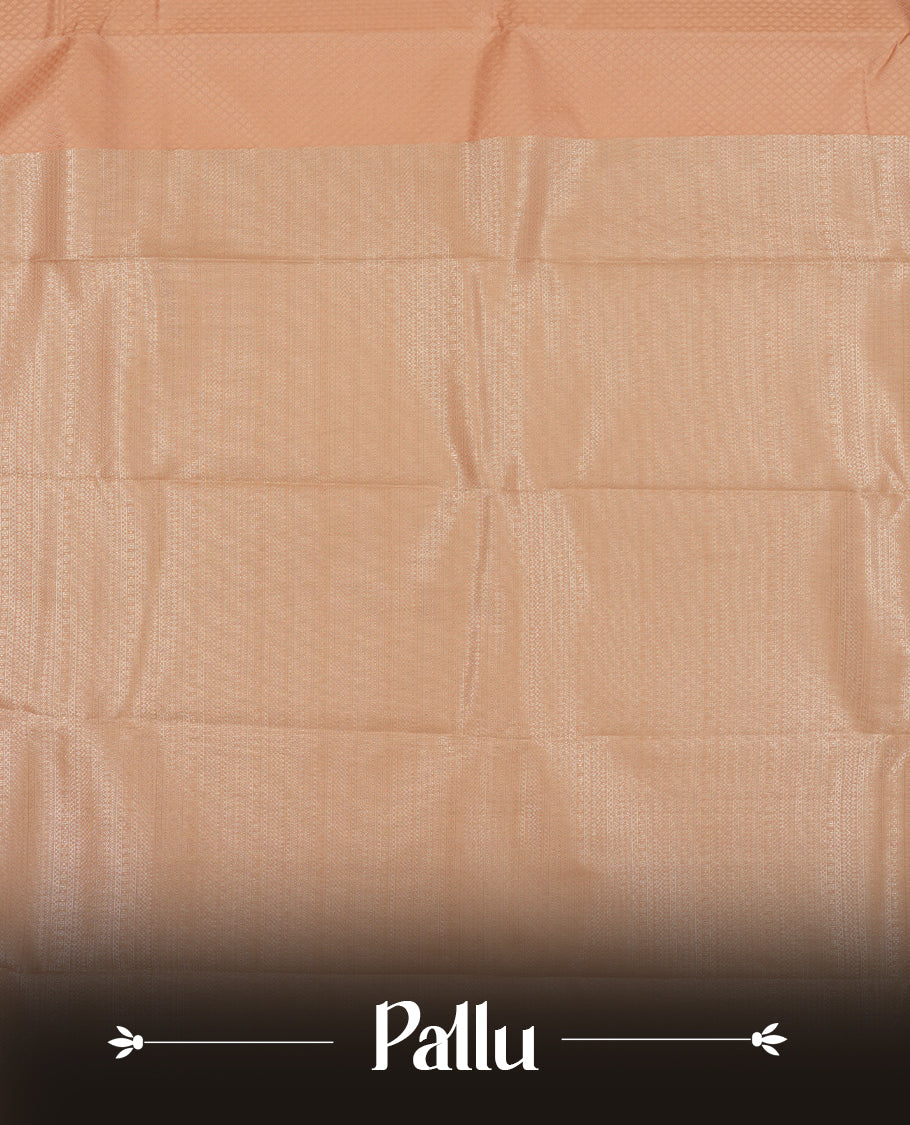 Light peach colour semi soft silk saree featuring a self coloured tiny diamond patterned body, complemented by Gold colour traditional pallu with tiny diamond pattern and border and a matching blouse piece.