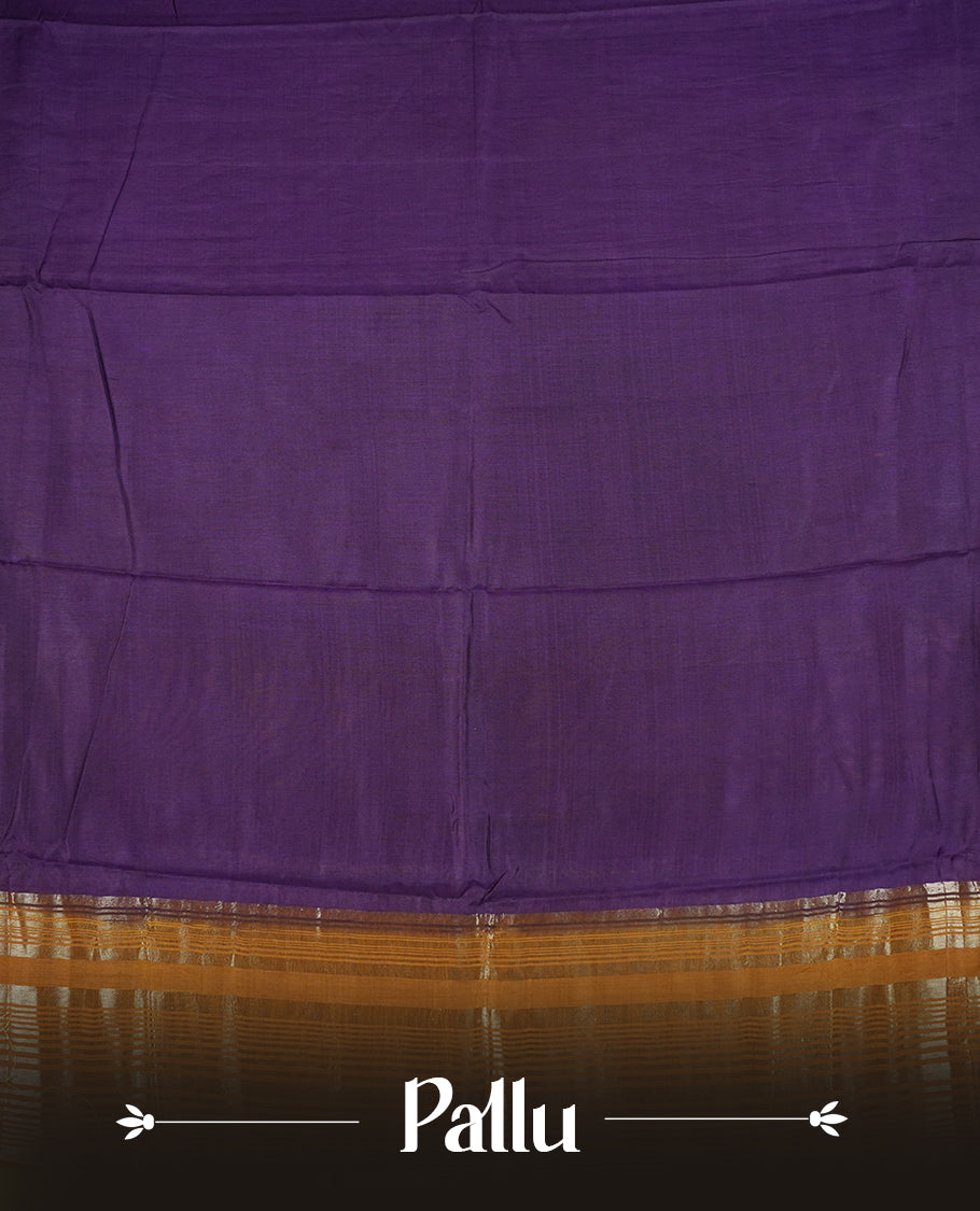 Deep purple colour mixed chanderi cotton saree with plain body, mustard yellow pallu and border with gold zari, and matching mustard blouse.