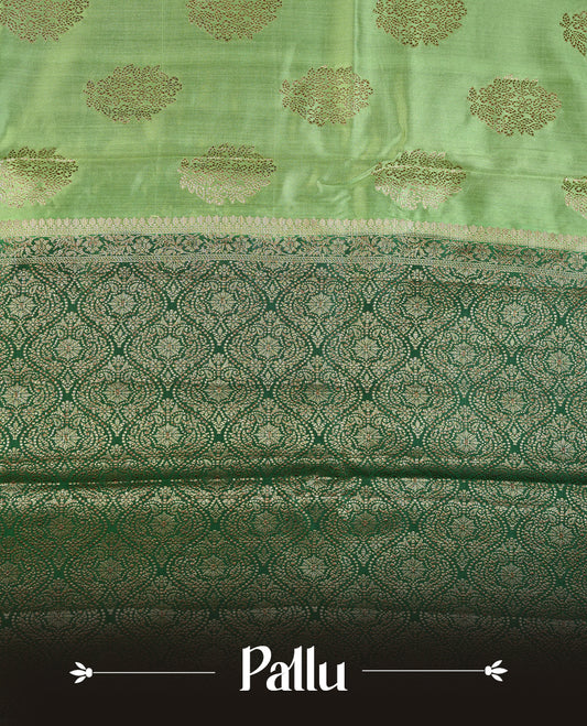 Light green colour Pure tussar Banarasi saree featuring Gold zari motifs on body, a contrast green colour gold zari border, and blouse piece.