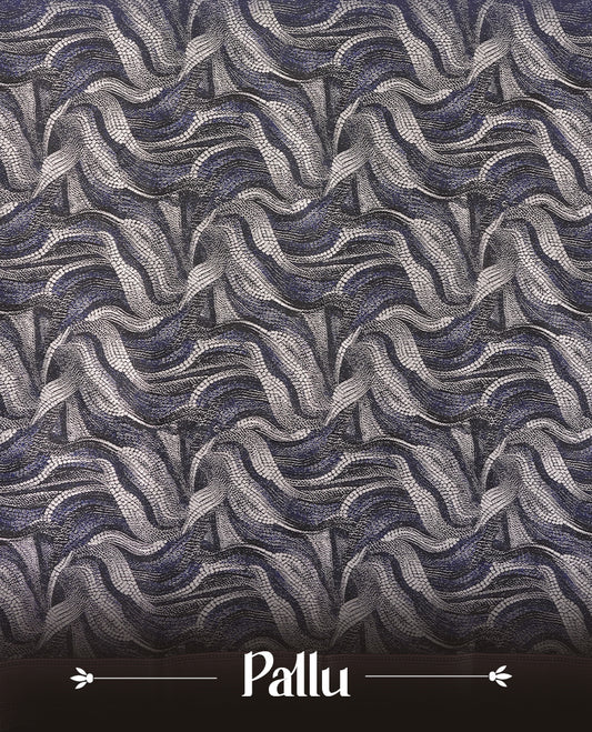 Dark blue semi silk saree featuring elegant circular motifs on the body, complemented by a striking pallu adorned with intricate wavy white thread patterns with golden border, and paired with a matching blouse