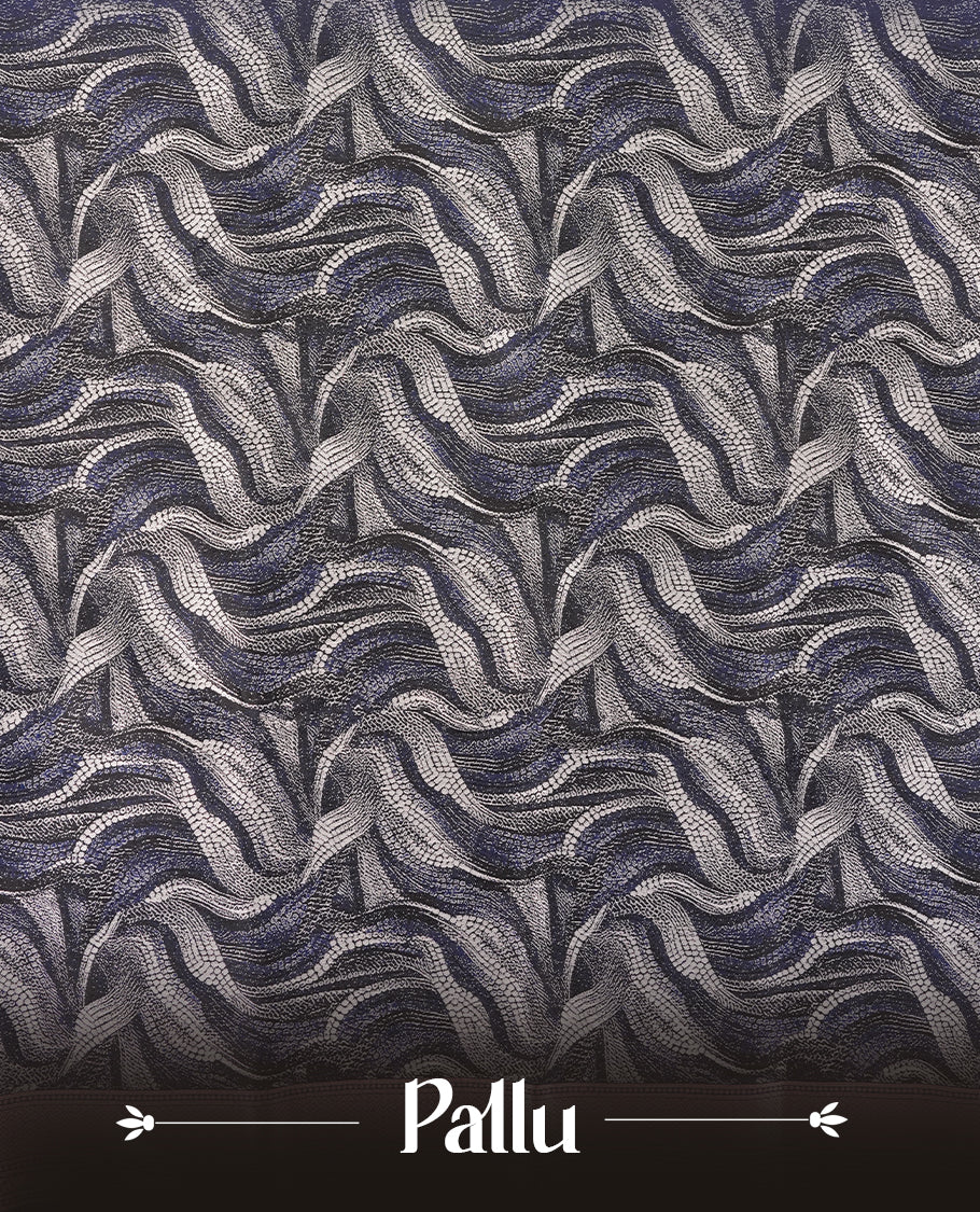 Dark blue semi silk saree featuring elegant circular motifs on the body, complemented by a striking pallu adorned with intricate wavy white thread patterns with golden border, and paired with a matching blouse