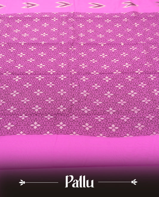 Pink Silk Cotton Saree with Feather Motifs Body, Accented by White Floral Jacquard Pattern on Pink Zari Pallu, Paired with Matching Blouse Piece