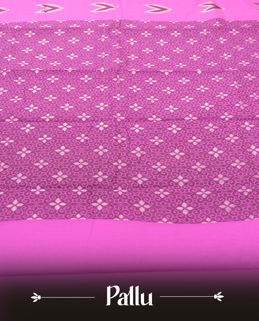 Pink Silk Cotton Saree with Feather Motifs Body, Accented by White Floral Jacquard Pattern on Pink Zari Pallu, Paired with Matching Blouse Piece