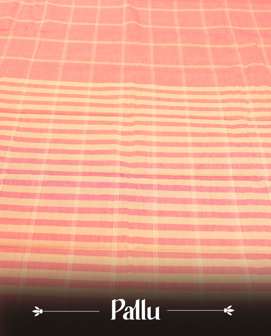 Light Pink Colour Silk Cotton Saree with cream Checkered Body, Contrasting cream Striped Pallu & Border, Multi-Line Patterns, and Matching Striped Blouse Piece