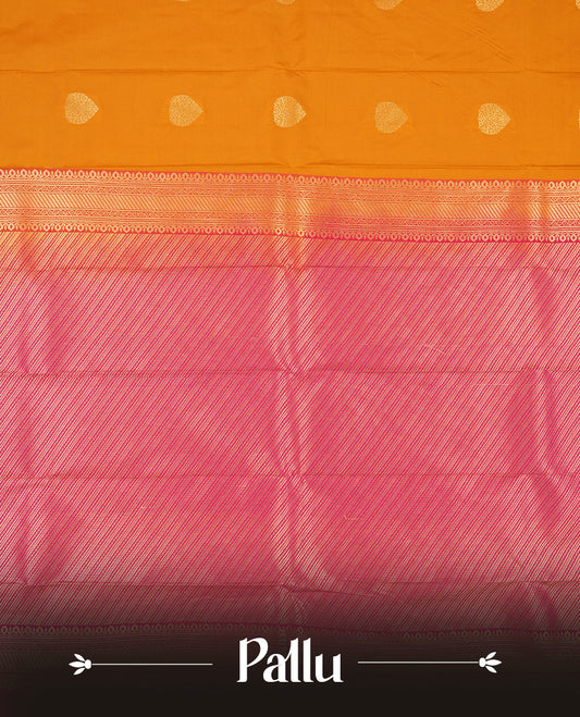 Orange Colour Semi Silk Saree with Golden Paisley Butta Motifs, Contrasting Hot Pink Golden Zari Pallu & Border, Geometric Patterns, and Matching Blouse Piece