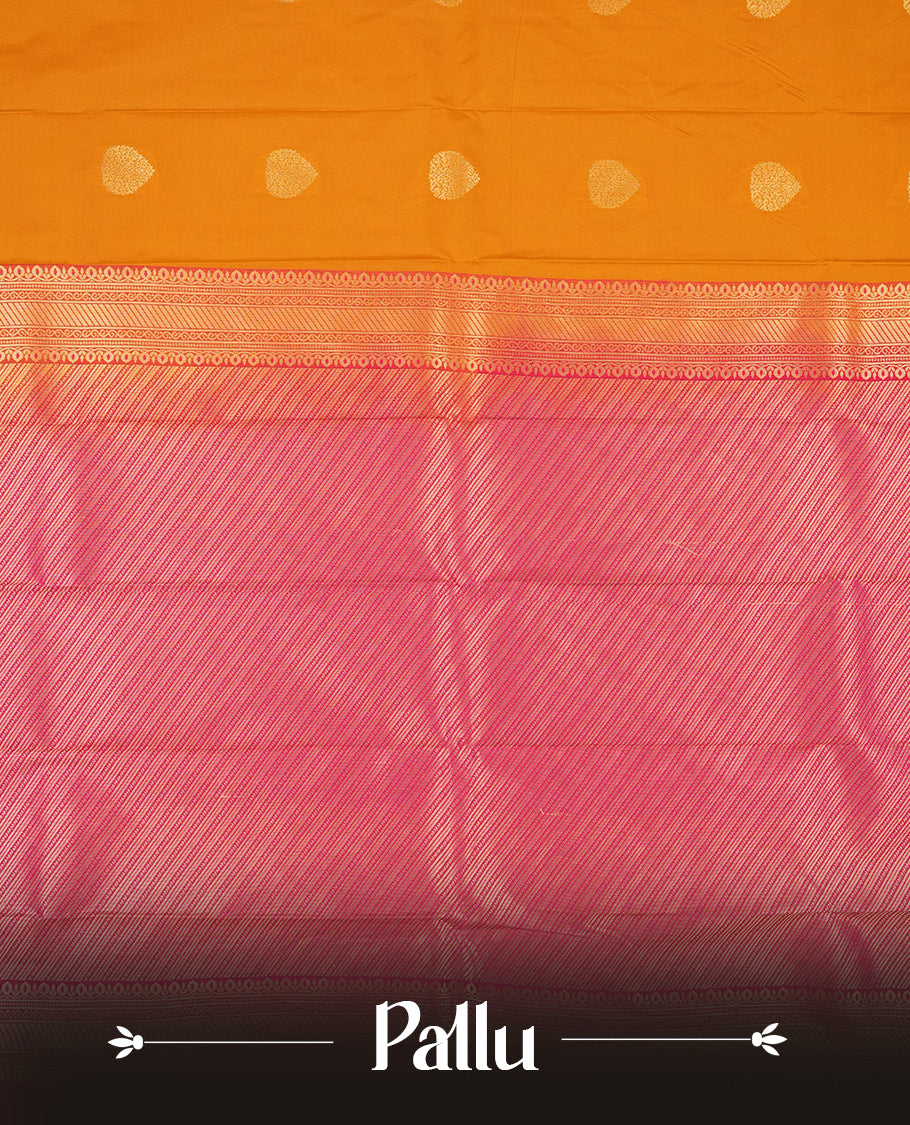 Orange Colour Semi Silk Saree with Golden Paisley Butta Motifs, Contrasting Hot Pink Golden Zari Pallu & Border, Geometric Patterns, and Matching Blouse Piece