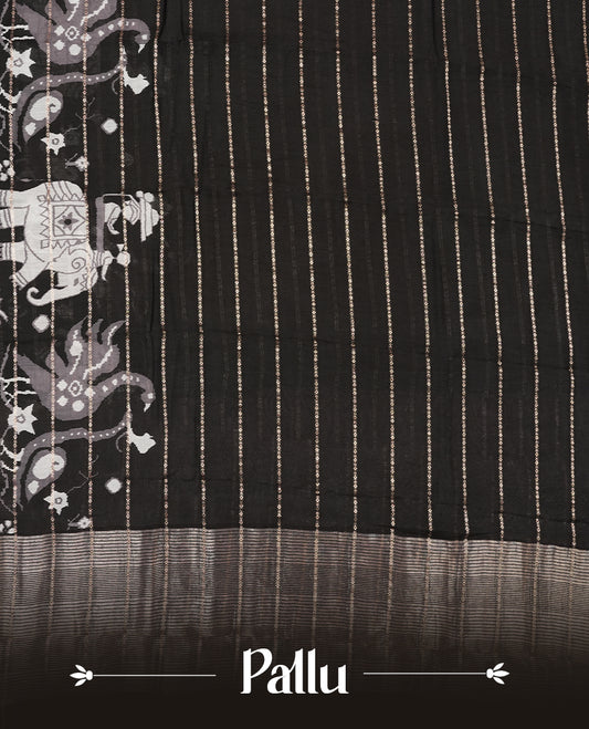 Black colour chanderi silk saree with gold zari strip pattern On body, compilmented by self colour border with antique zari pattern & white animal print pattern and a matching blouse.