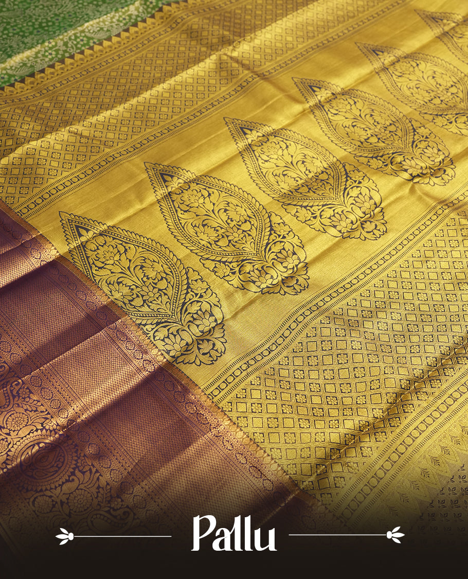 Light green colour and Antique silver Zari Tissue Brocade Saree features intricate a floral Motifs on body and a deep violet colour border & pallu with floral patterns, paired with matching blouse