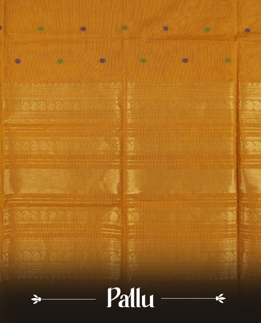 Brown & Purple colour dual shaded Chettinad cotton saree adorned with small woven dots on the body, a striking purple and green border with intricate golden zari patterns and geometric motifs & Comes with a matching blouse piece.