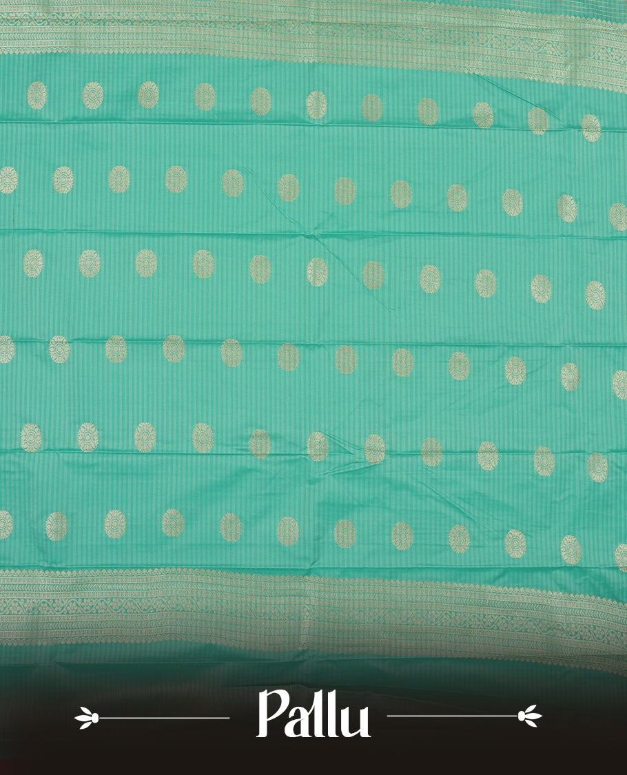 Aqua Green Colour Semi Silk Saree with Silver Checked Body, Self Coloured Silver Zari Pallu & Border, Circular Floral Motifs, and Matching Blouse Piece