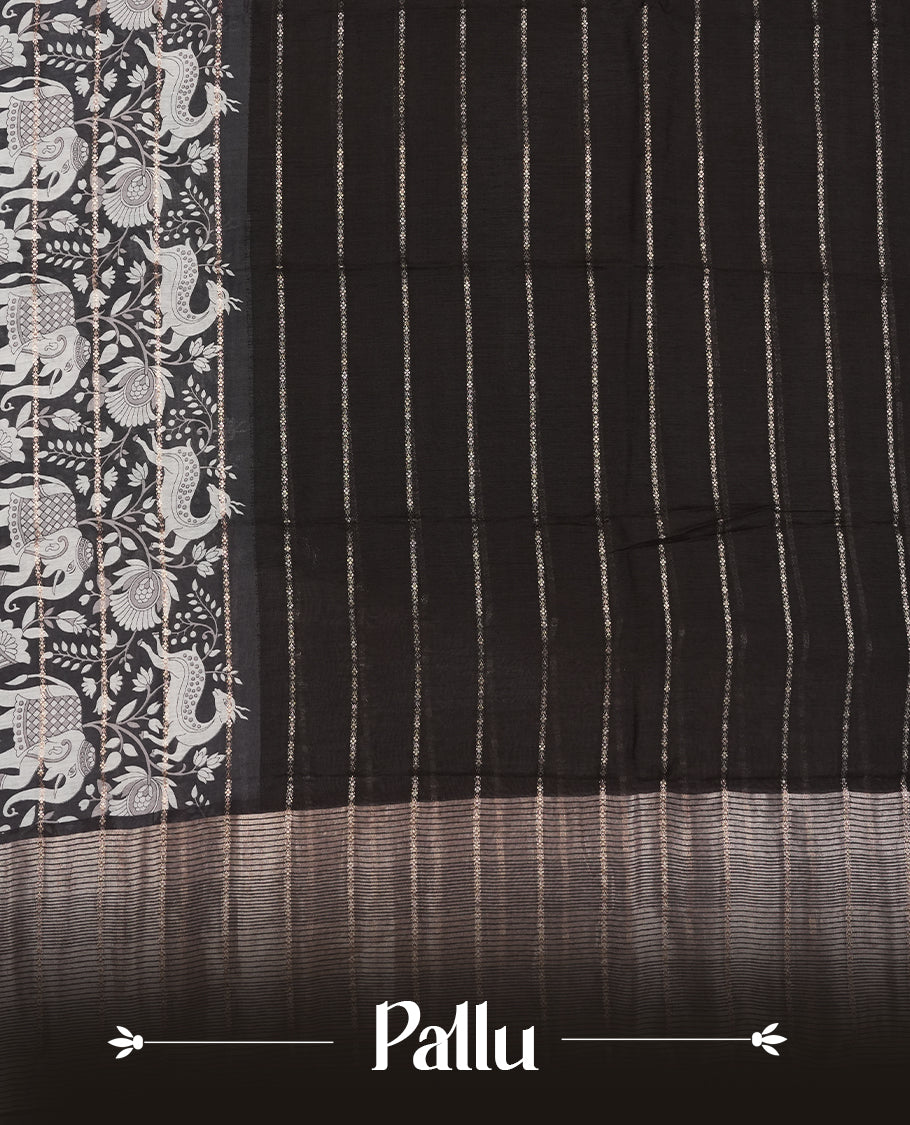 Black colour chanderi silk saree with gold zari strip pattern On body, compilmented by self colour border with antique zari pattern & white animal & forest print pattern and a matching blouse.
