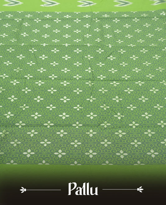 Green Colour Silk Cotton Saree with White and Grey Arrow Motifs Body, Accented by White Floral Geometric Pattern Pallu, Paired with Matching Blouse Piece