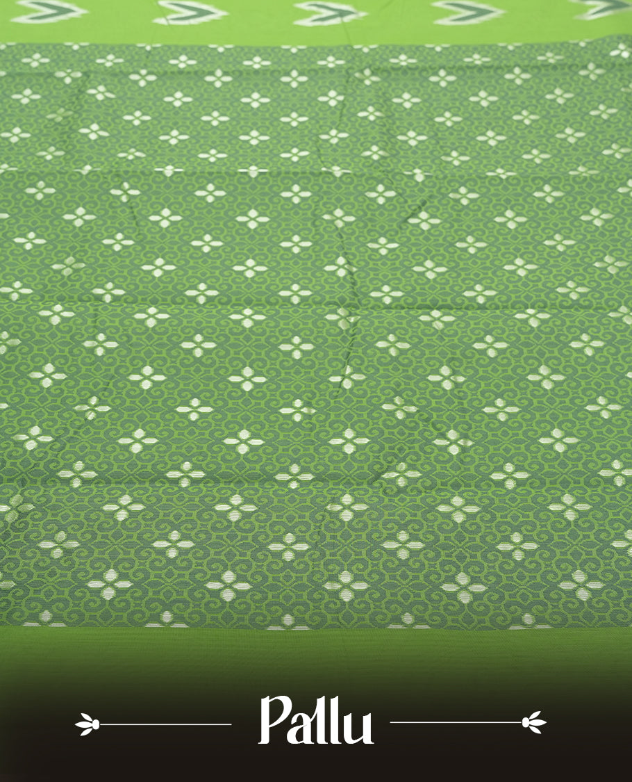 Green Colour Silk Cotton Saree with White and Grey Arrow Motifs Body, Accented by White Floral Geometric Pattern Pallu, Paired with Matching Blouse Piece