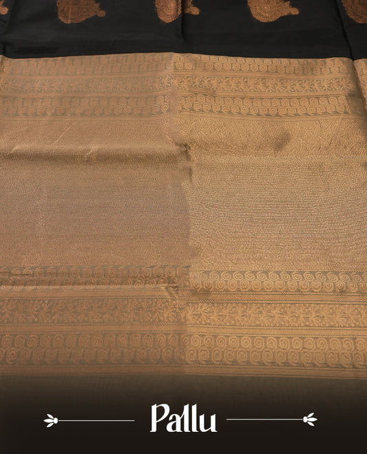 Black colour soft silk cotton saree adorned with copper zari motifs and a shimmering copper zari border, Enhanced by a beautifully rich beige colour woven pallu & Comes with a matching blouse piece for a complete look.