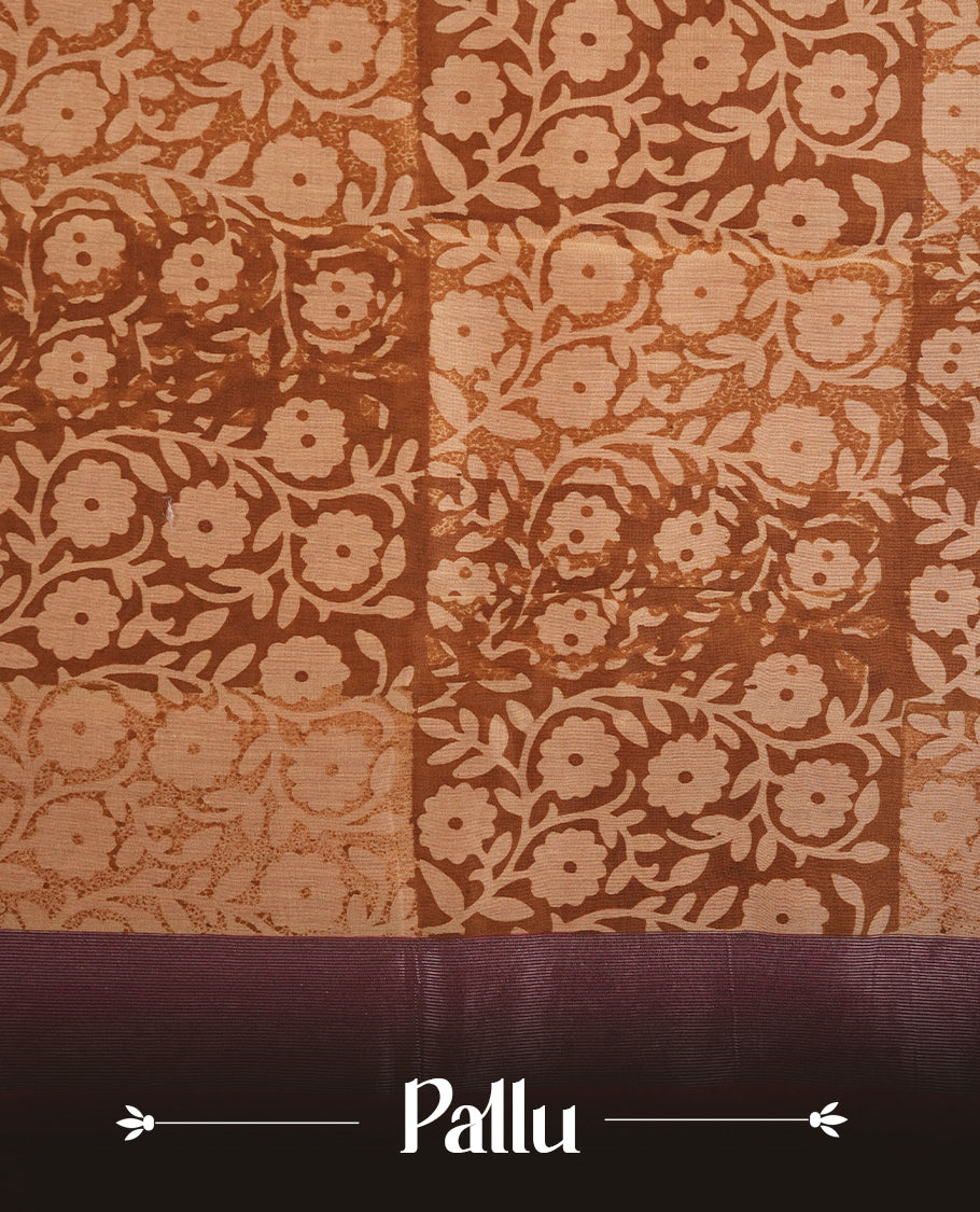 Mustard colour chanderi silk saree featuring floral kodi print pattern across body, with contrast red colour border with zari pattern and paired with matching blouse.