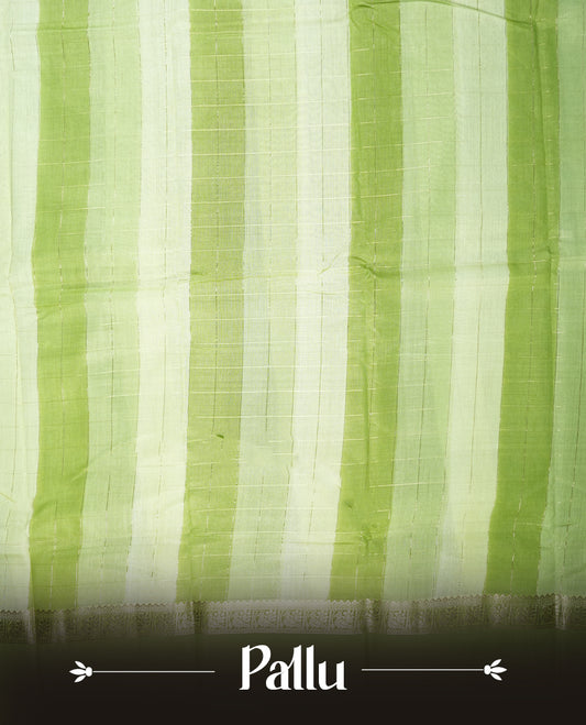 Lime green colour mixed chanderi cotton saree with vertical striped body, pallu featuring rose gold zari border, and matching blouse.