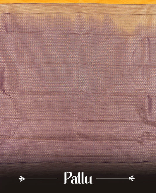 Yellow colour Semi Silk Saree with gold zari striped patterns on the body, paired with a contrasting dark purple colour traditional pallu and border, and a matching blouse piece.