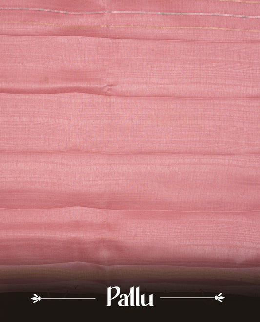 Pastel peach colour chettinad saree highlights gold and silver zari stripes across body,  border, pallu and paired with matching blouse piece.