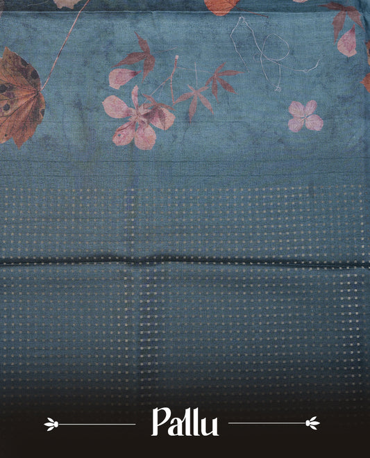 Dark green colour tussar saree featuring woven Eco leaves printed on the body, complemented by a self colour gold zari bindi butta border & pallu, paired with a matching blouse.