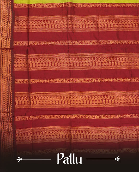 Lemon green colour Kalyani Cotton saree with rich maroon border and pallu, featuring copper zari motifs, small floral motifs on the body, and intricate weaving & includes a matching blouse piece.