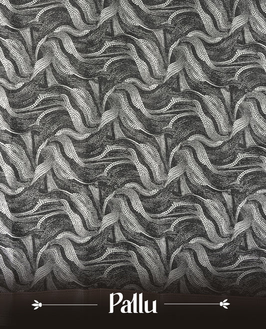 Black colour semi silk saree featuring elegant circular motifs on the body, complemented by white wavy designed pallu with striking border adorned with intricate golden thread patterns,and paired with a matching blouse