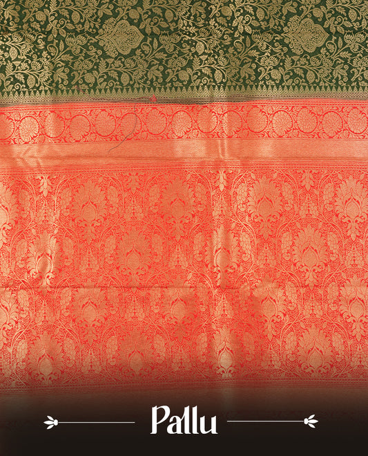 Dark green colour semi silk brocade saree featuring intricate Gold floral kodi patterns across the body, complemented by a contrast rich red colour woven border and pallu, paired with a matching blouse.