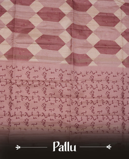 Mauve colour semi tusser silk saree featuring geometric print pattern across body, gold zari border with style motifs and paired with matching blouse.