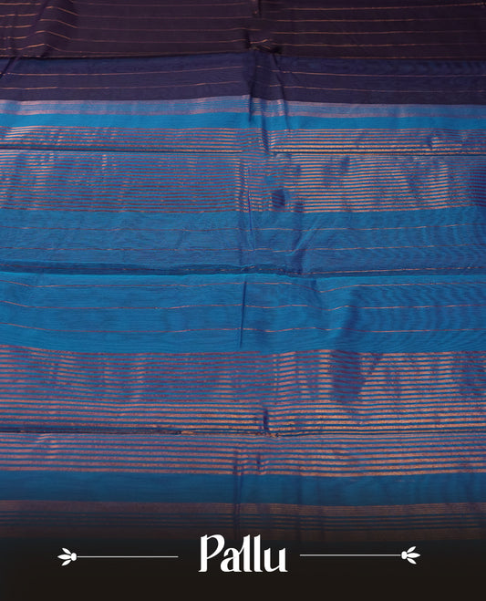 Dark violet colour silk cotton saree featuring with delicate vertical copper zari lines on the body, rich blue contrasted border & Crafted without a border for a classy touch, Comes with a matching blouse for a perfectly coordinated look.