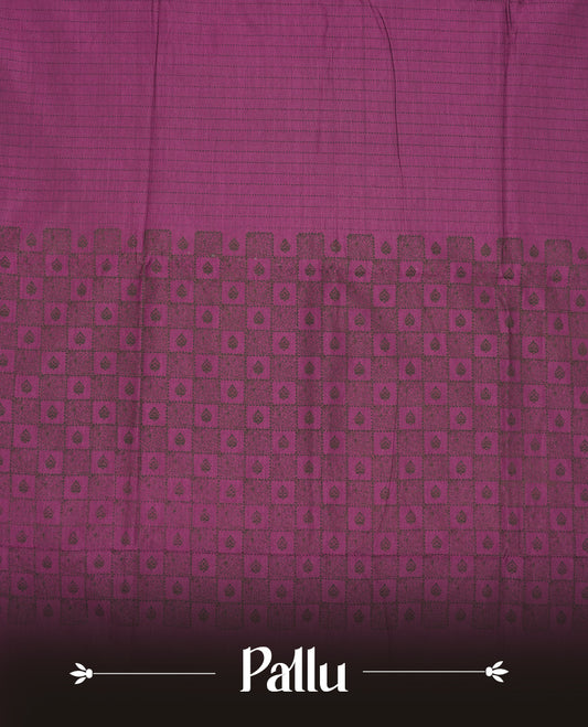 Purple colour poly cotton saree with black vertical dotted line pattern on the body, paired with a matching pallu featuring black zigzag geometric border, and a coordinated all‑over black stylised fleur‑de‑lis printed blouse piece.