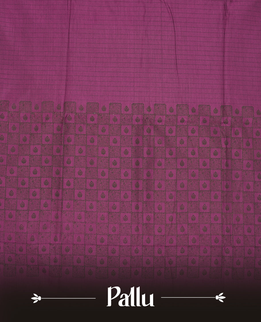 Purple colour poly cotton saree with black vertical dotted line pattern on the body, paired with a matching pallu featuring black zigzag geometric border, and a coordinated all‑over black stylised fleur‑de‑lis printed blouse piece.