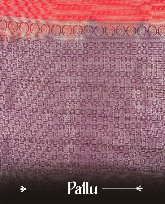 Crimson Red Colour Semi Silk Saree with Silver Dotted Striped Body, Contrasting Rose Gold Zari Pallu & Border, Traditional Paisley Motifs, and Matching Blouse Piece