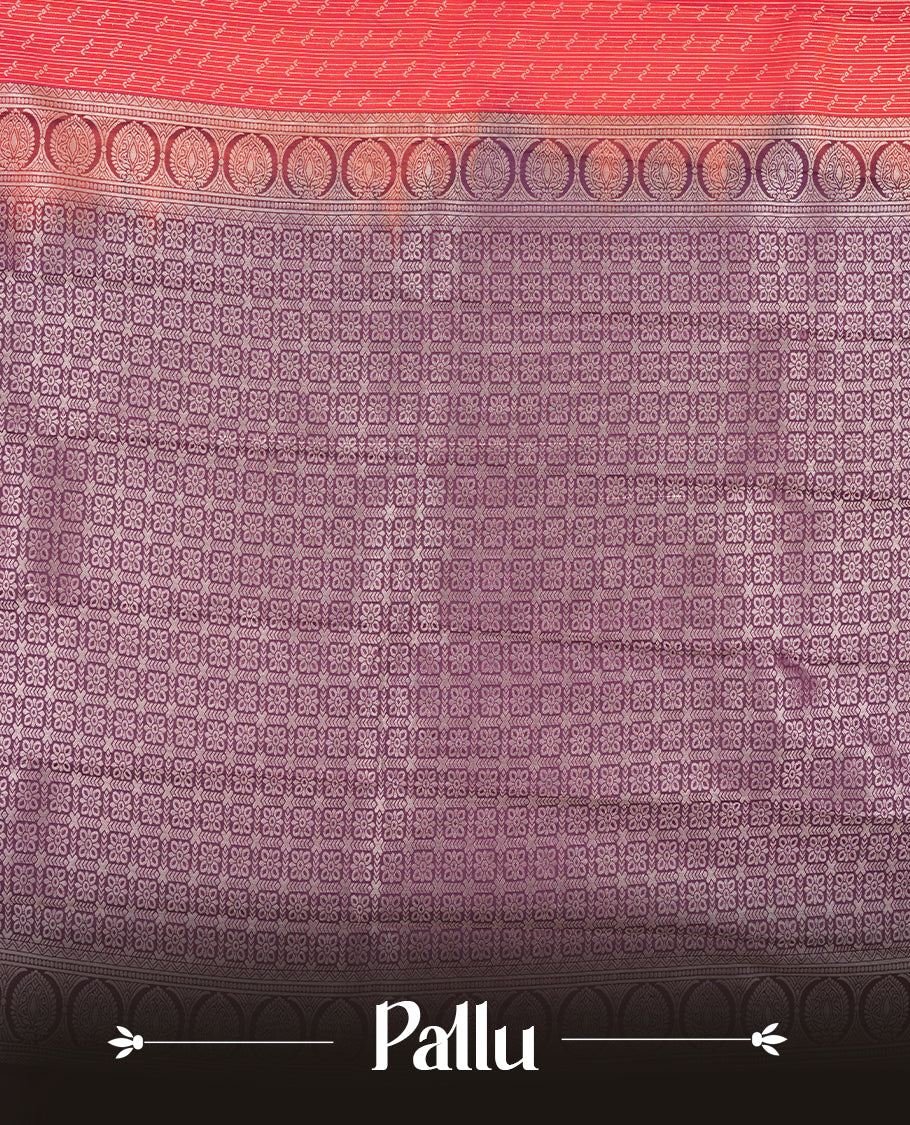 Crimson Red Colour Semi Silk Saree with Silver Dotted Striped Body, Contrasting Rose Gold Zari Pallu & Border, Traditional Paisley Motifs, and Matching Blouse Piece