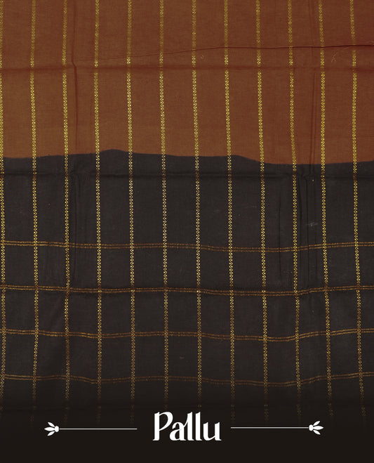 Brown colour Chettinad cotton saree accentuated with golden zari stripes all over, The contrasting black border with intricate floral motifs in golden zari  & Comes with a matching blouse piece.