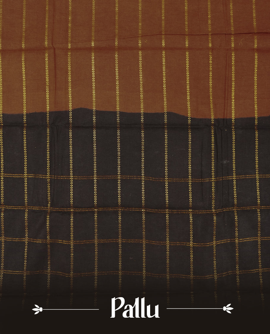 Brown colour Chettinad cotton saree accentuated with golden zari stripes all over, The contrasting black border with intricate floral motifs in golden zari  & Comes with a matching blouse piece.