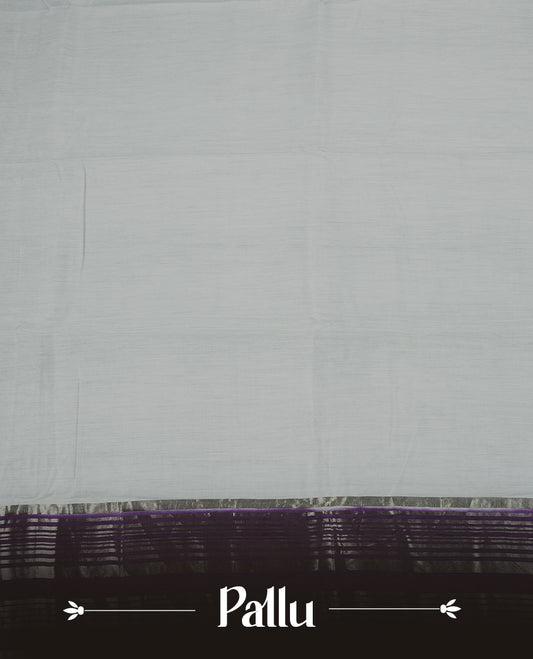 white colour mixed chanderi cotton saree with plain body, pallu featuring rose gold zari border, and matching deep purple blouse.