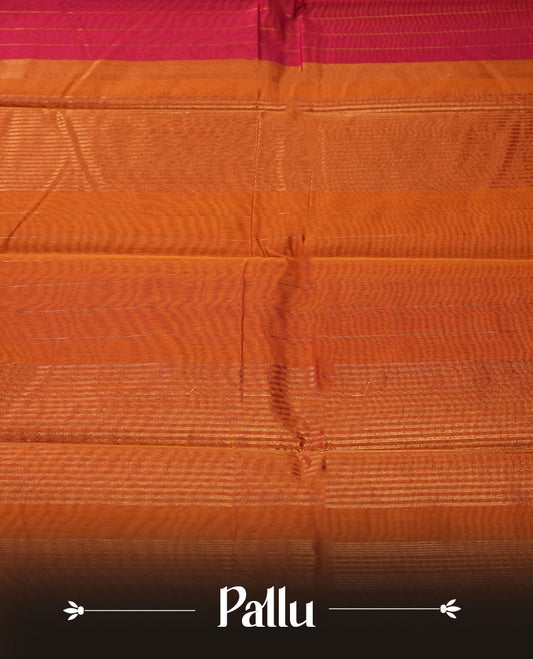 Burgundy colour silk cotton saree featuring with full of delicate vertical copper zari lines on the body & rust orange colour contrasted border, Crafted without a border for a classy touch, Comes with a matching blouse.