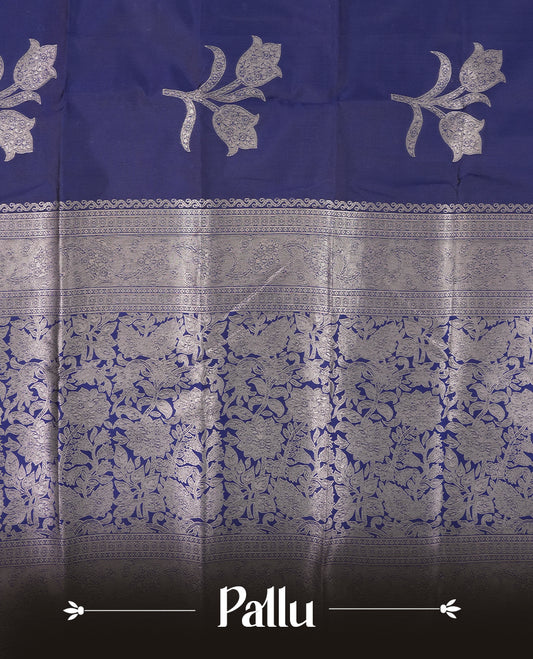 Navy Blue Colour semi Silk Saree with Silver Zari Woven Floral Motifs, Elaborate Silver Zari Pallu and Border with Traditional Patterns and Tassels, Paired with Coordinated Blouse Piece