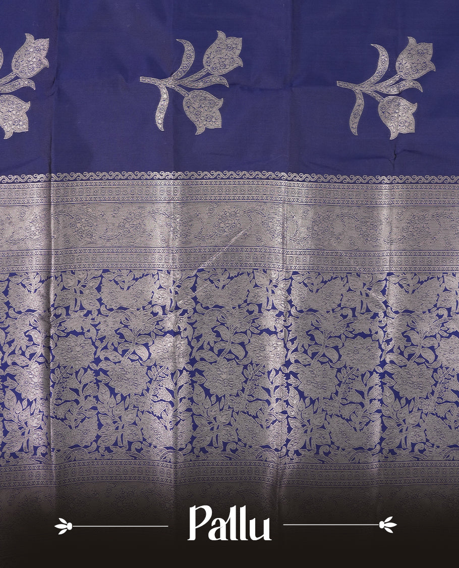 Navy Blue Colour semi Silk Saree with Silver Zari Woven Floral Motifs, Elaborate Silver Zari Pallu and Border with Traditional Patterns and Tassels, Paired with Coordinated Blouse Piece