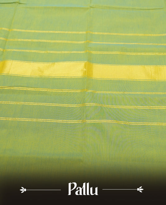 Lime Green colour Silk Cotton Saree with Dual-Tone Teal Zari Border Featuring Peacock Panels and Geometric Stripes, Clean Body, Striped Zari Pallu, and a Coordinated Matching Blouse Piece