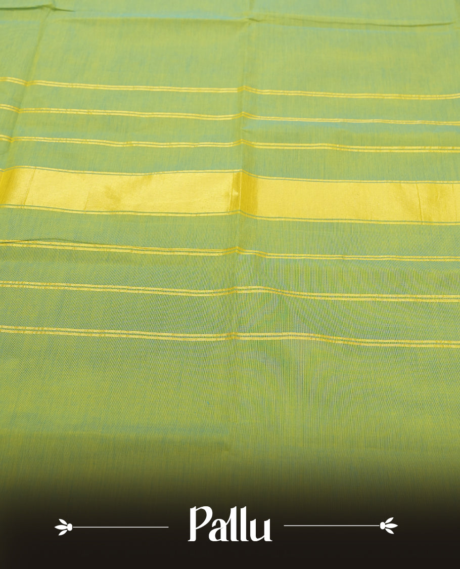Lime Green colour Silk Cotton Saree with Dual-Tone Teal Zari Border Featuring Peacock Panels and Geometric Stripes, Clean Body, Striped Zari Pallu, and a Coordinated Matching Blouse Piece