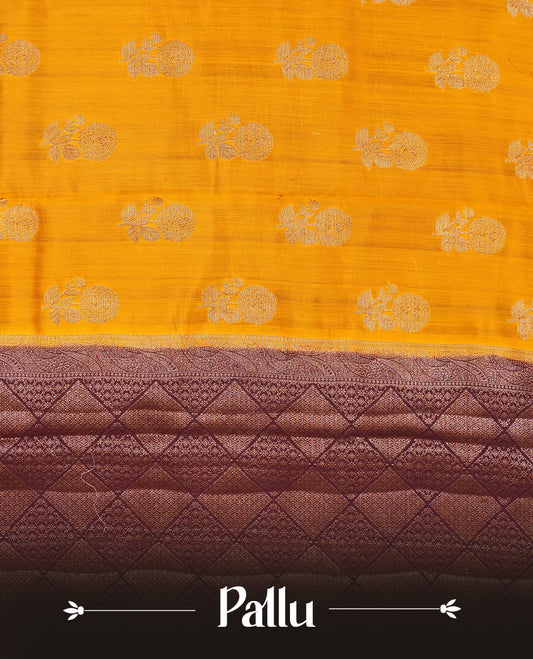 Mustard Colour Pure Banaras soft Silk Saree having gold floral motifs on Body with contrast Purple colour gold zari Border and matching Blouse