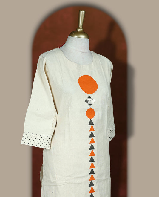 Cream colour cotton co-ord set with bold orange geometric prints and detailed sleeve work & Paired with a matching bottom.