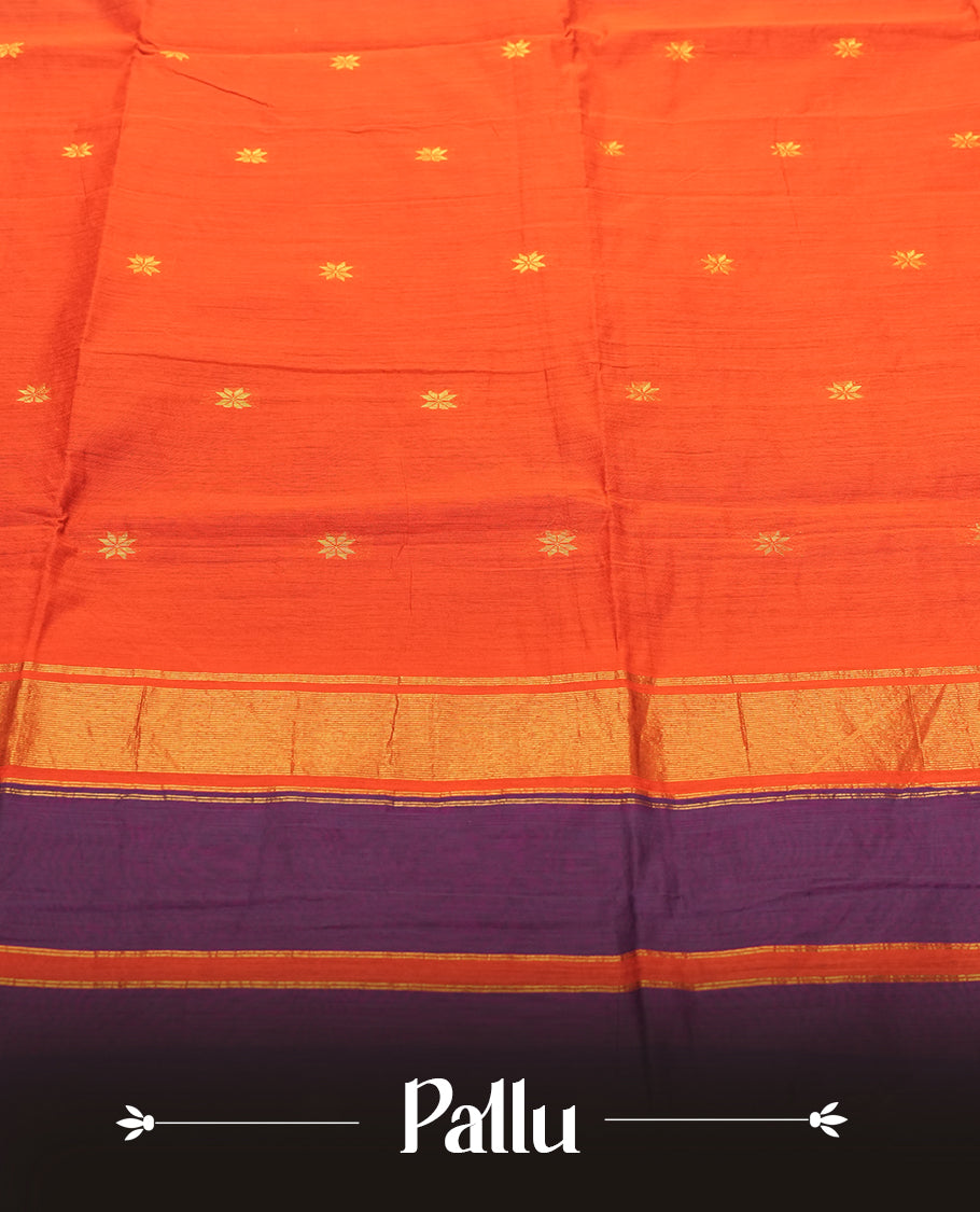 Purple Colour Silk Cotton Saree with Gold Floral Buttas Body, Accented by Red and Gold Zari Striped Pallu, Paired with Matching Blouse Piece