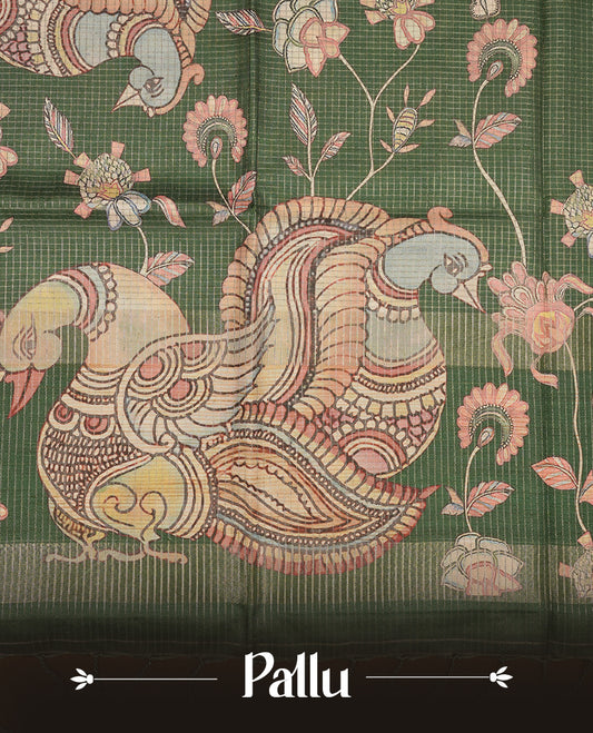 Green colour semi tussar silk saree featuring intricate peacock motifs on the pallu, subtle zari check pattern across the body, floral vine prints throughout, finished with tassels and paired with a matching printed blouse piece.