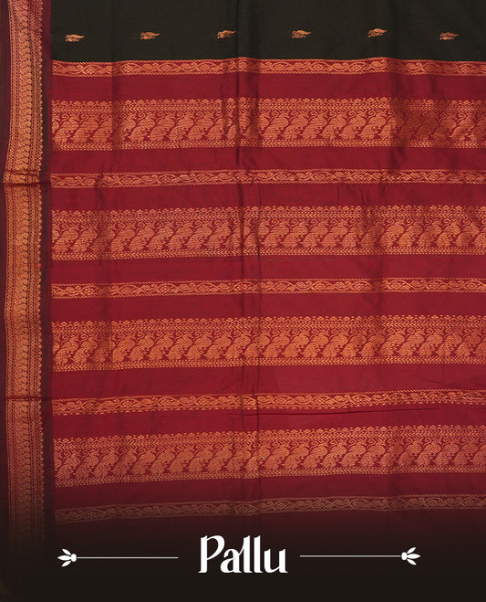 Black colour Kalyani Cotton saree with rich maroon border and pallu, featuring copper zari motifs and intricate weaving & Includes a matching blouse piece.