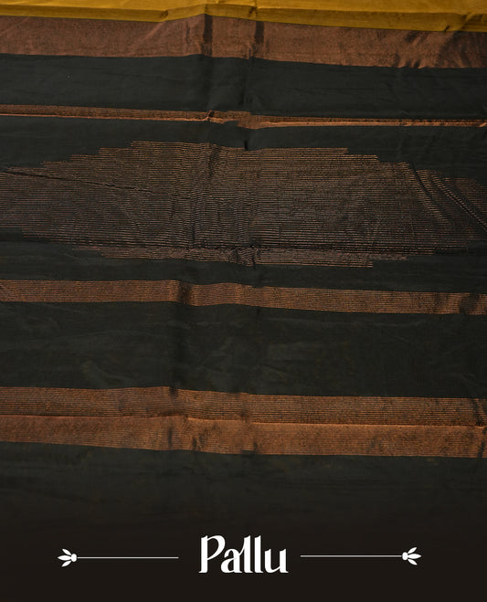 Dark mustard colour silk cotton saree featuring with full of delicate vertical copper zari lines on the body & black contrasted colour pallu, Crafted without a border for a classy touch, Comes with a matching blouse.