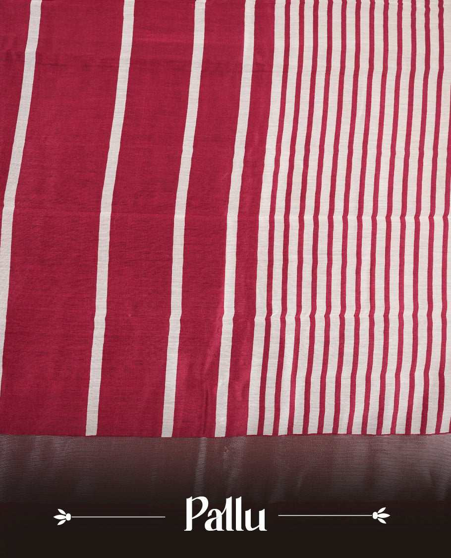 Red colour chanderi silk saree featuring white stripped print pattern across body, with Antique zari pattern border and paired with matching blouse.