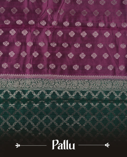 Purple colour pure tussar Banarasi saree featuring Gold zari motifs on body, contrast green colour border, and blouse piece.