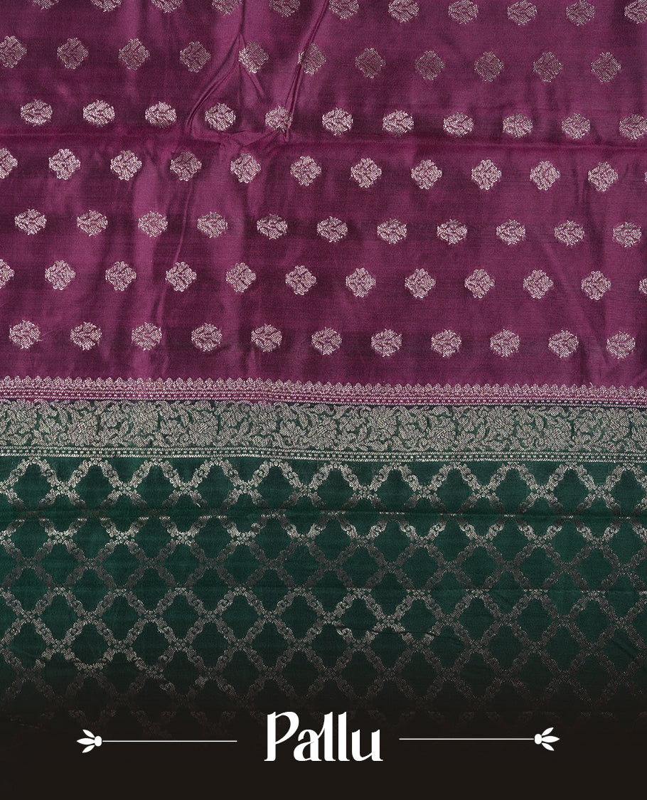 Purple colour pure tussar Banarasi saree featuring Gold zari motifs on body, contrast green colour border, and blouse piece.