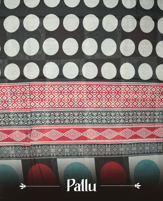 Teal and coral red colour mixed chanderi cotton saree with checkered body featuring circle motifs, geometric printed pallu, golden zari border, matching teal blouse